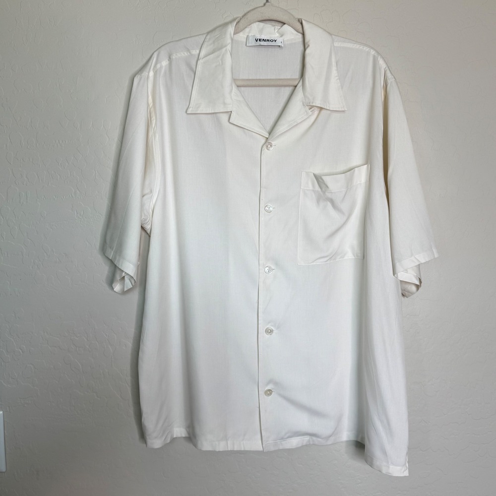 Venroy Mens 100% Silk Shirt Large Cream Camp Collar Short Sleeve Quiet Luxury